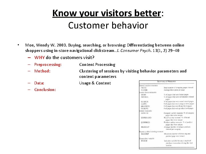 Know your visitors better: Customer behavior • Moe, Wendy W. 2003. Buying, searching, or