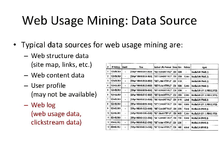 Web Usage Mining: Data Source • Typical data sources for web usage mining are: