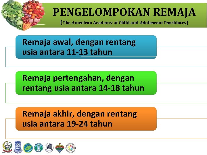 PENGELOMPOKAN REMAJA (The American Academy of Child and Adolescent Psychiatry) Remaja awal, dengan rentang