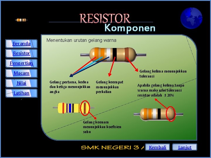 RESISTOR Beranda Komponen Elektronika Menentukan urutan gelang warna Resistor Pengertian Gelang kelima menunjukkan toleransi