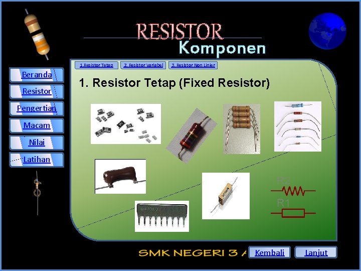 RESISTOR Komponen Elektronika 1. Resistor Tetap (Fixed Resistor) 1. Resistor Tetap Beranda Resistor 2.