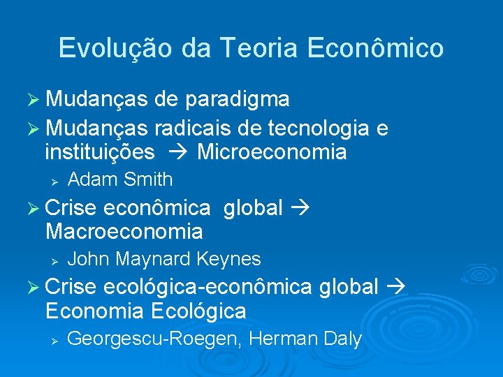 Evolução da Teoria Econômico Mudanças de paradigma Mudanças radicais de tecnologia e instituições Microeconomia