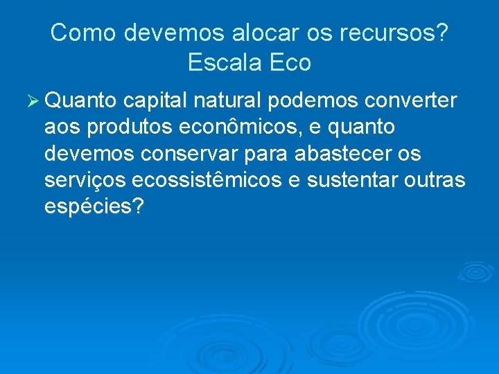 Como devemos alocar os recursos? Escala Eco Quanto capital natural podemos converter aos produtos