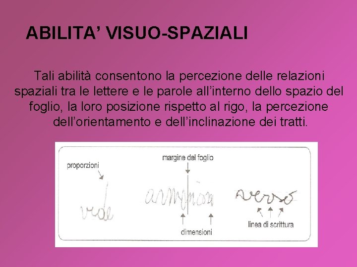 ABILITA’ VISUO-SPAZIALI Tali abilità consentono la percezione delle relazioni spaziali tra le lettere e