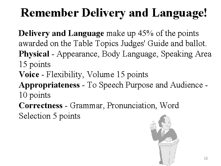 Remember Delivery and Language! Delivery and Language make up 45% of the points awarded Remember Delivery and Language! Delivery and Language make up 45% of the points awarded
