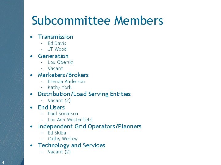 Subcommittee Members • Transmission – Ed Davis – JT Wood • Generation – Lou