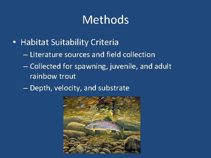 Methods • Habitat Suitability Criteria – Literature sources and field collection – Collected for