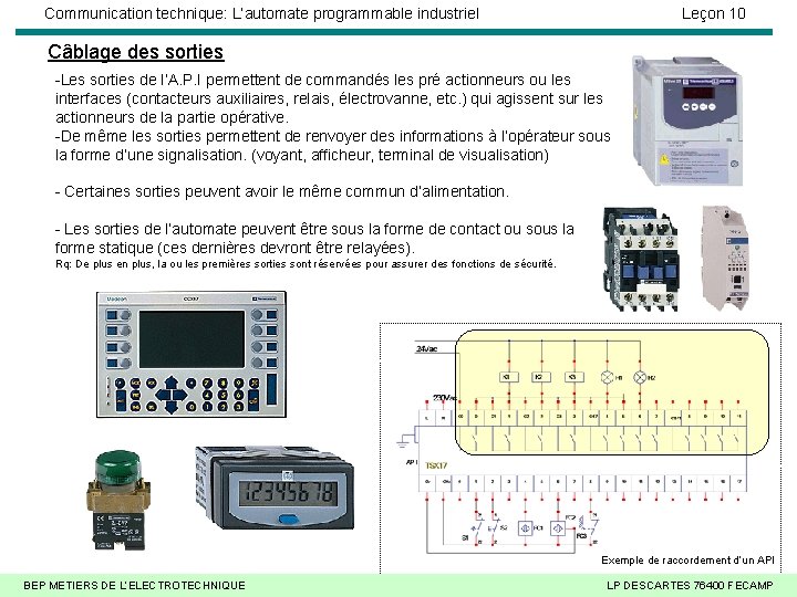 Communication technique: L’automate programmable industriel Leçon 10 Câblage des sorties -Les sorties de l’A.