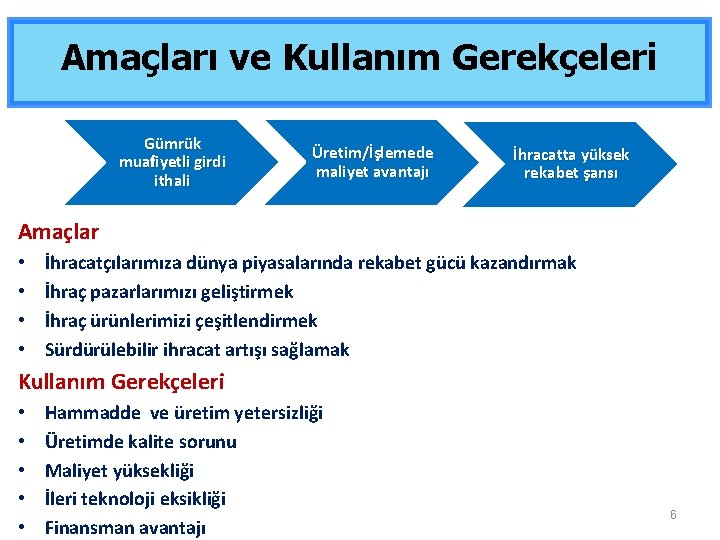 Amaçları ve Kullanım Gerekçeleri Gümrük muafiyetli girdi ithali Üretim/İşlemede maliyet avantajı İhracatta yüksek rekabet