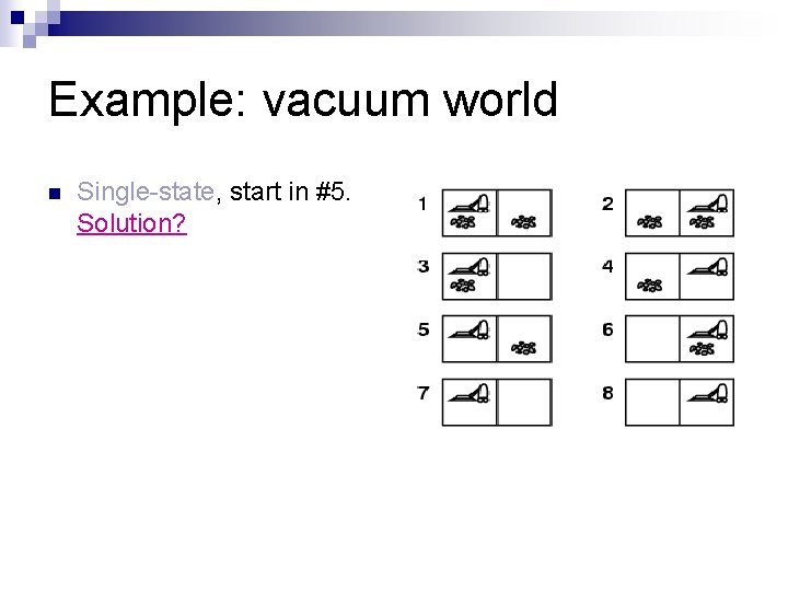 Example: vacuum world n Single-state, start in #5. Solution? 