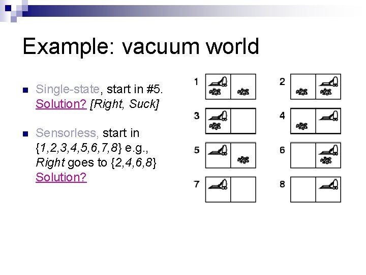 Example: vacuum world n Single-state, start in #5. Solution? [Right, Suck] n Sensorless, start