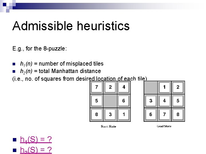 Admissible heuristics E. g. , for the 8 -puzzle: h 1(n) = number of