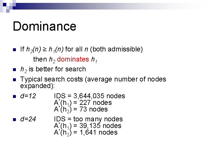Dominance n n n If h 2(n) ≥ h 1(n) for all n (both