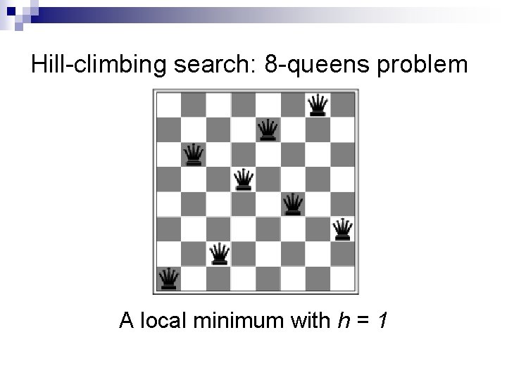 Hill-climbing search: 8 -queens problem A local minimum with h = 1 