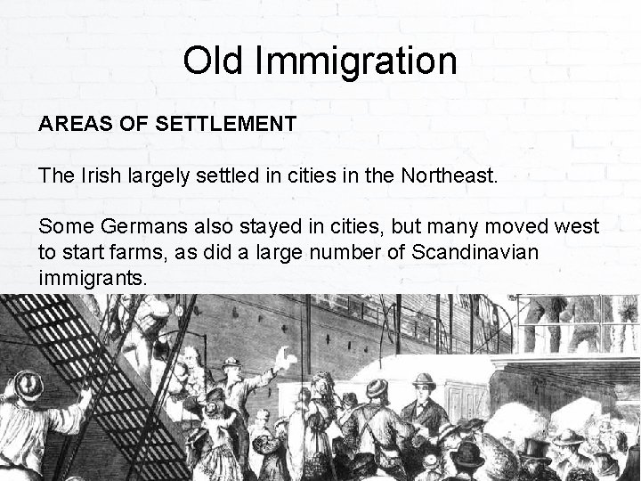 Old Immigration AREAS OF SETTLEMENT The Irish largely settled in cities in the Northeast.