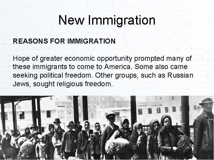 New Immigration REASONS FOR IMMIGRATION Hope of greater economic opportunity prompted many of these