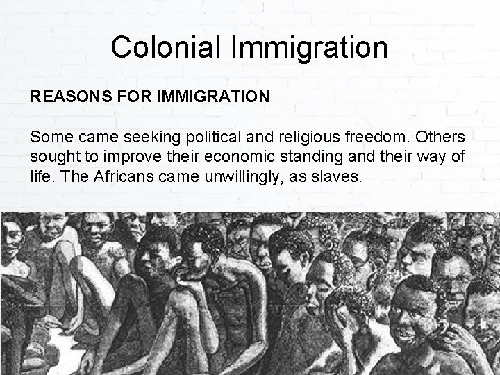 Colonial Immigration REASONS FOR IMMIGRATION Some came seeking political and religious freedom. Others sought