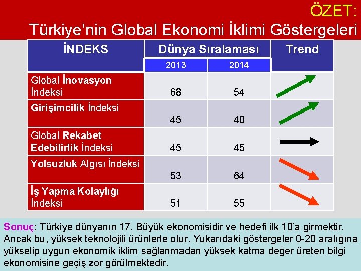 ÖZET: Türkiye’nin Global Ekonomi İklimi Göstergeleri İNDEKS Global İnovasyon İndeksi Dünya Sıralaması 2013 2014