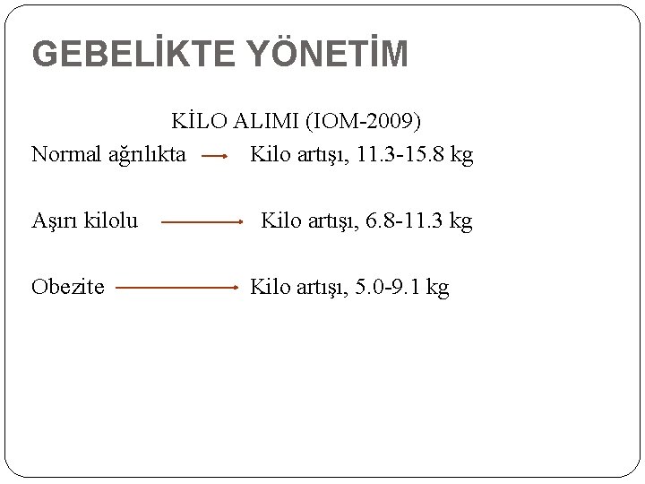 GEBELİKTE YÖNETİM KİLO ALIMI (IOM-2009) Normal ağrılıkta Kilo artışı, 11. 3 -15. 8 kg