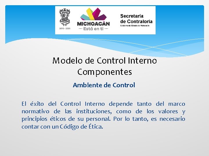 Modelo de Control Interno Componentes Ambiente de Control El éxito del Control Interno depende