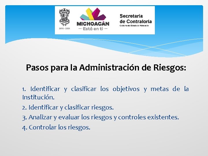 Pasos para la Administración de Riesgos: 1. Identificar y clasificar los objetivos y metas