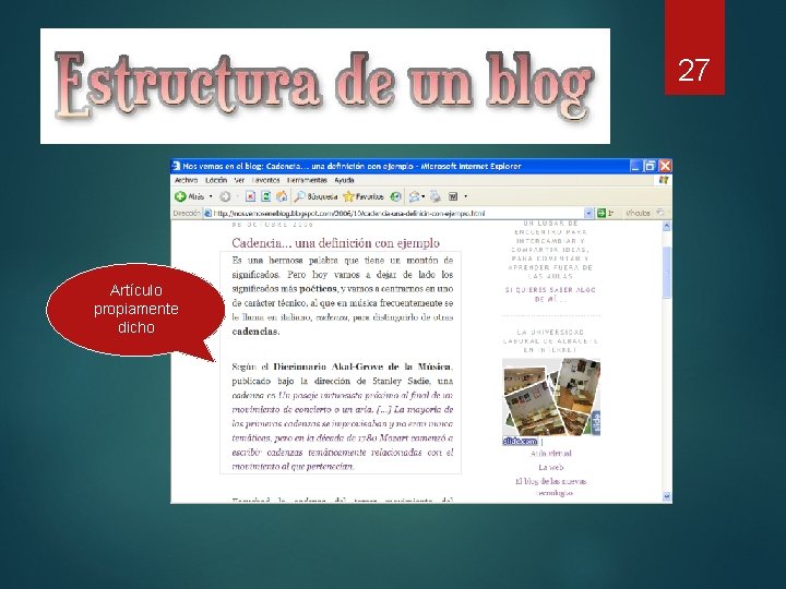 Estructura de un blog Artículo propiamente dicho 27 