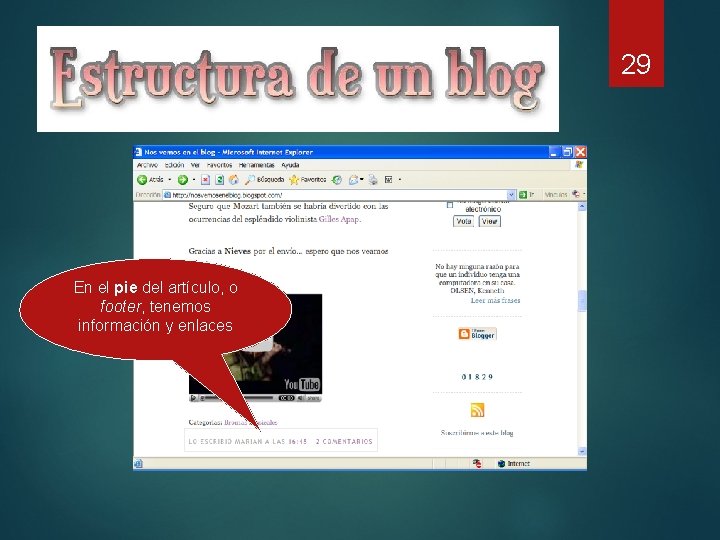Estructura de un blog En el pie del artículo, o footer, tenemos información y