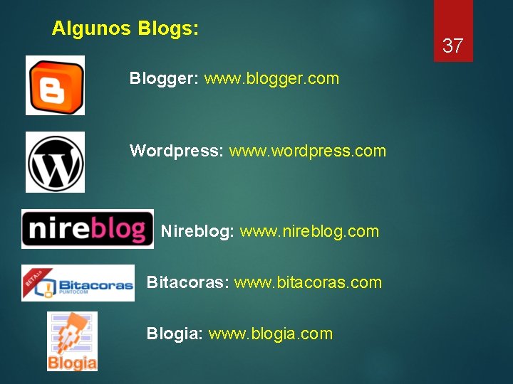 Algunos Blogs: Blogger: www. blogger. com Wordpress: www. wordpress. com Nireblog: www. nireblog. com