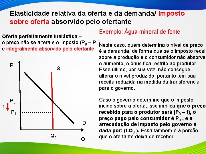 Elasticidade relativa da oferta e da demanda/ imposto sobre oferta absorvido pelo ofertante Exemplo: