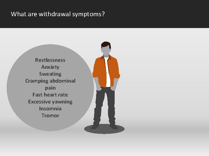 What are withdrawal symptoms? Restlessness Anxiety Sweating Cramping abdominal pain Fast heart rate Excessive