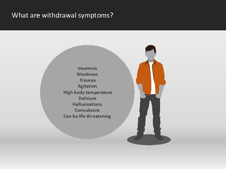 What are withdrawal symptoms? Insomnia Weakness Nausea Agitation High body temperature Delirium Hallucinations Convulsions