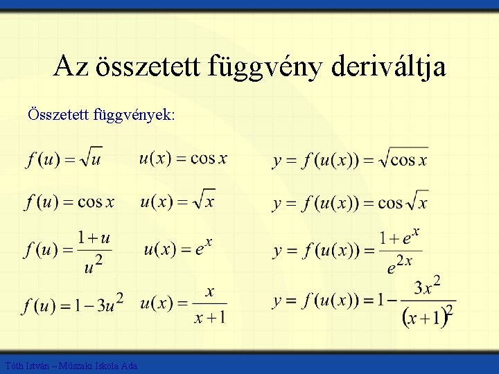 Az összetett függvény deriváltja Összetett függvények: Tóth István – Műszaki Iskola Ada 