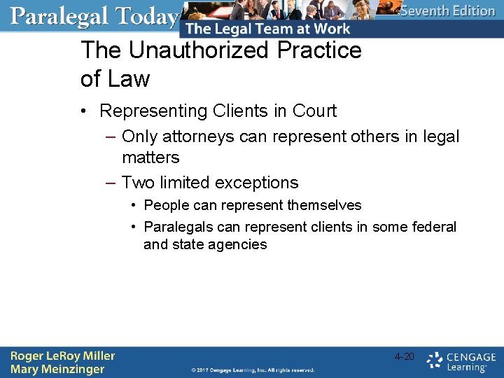 The Unauthorized Practice of Law • Representing Clients in Court – Only attorneys can