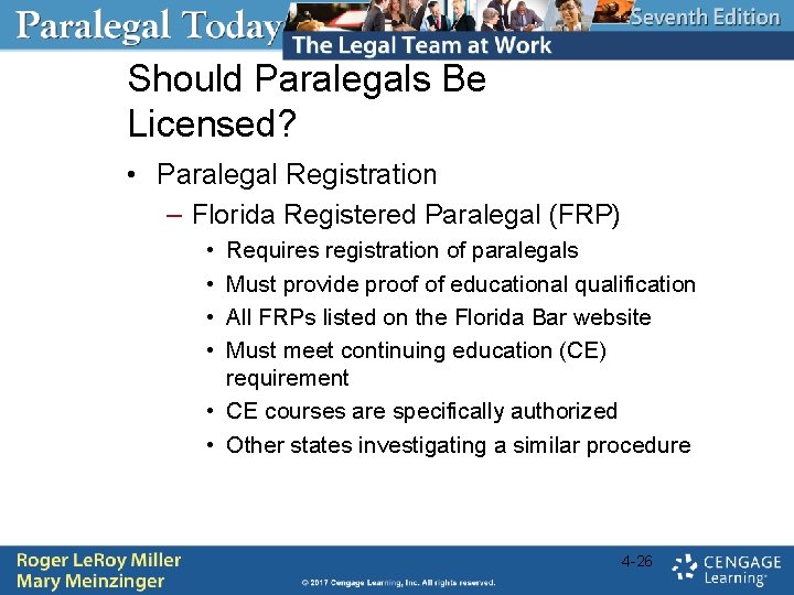 Should Paralegals Be Licensed? • Paralegal Registration – Florida Registered Paralegal (FRP) • •