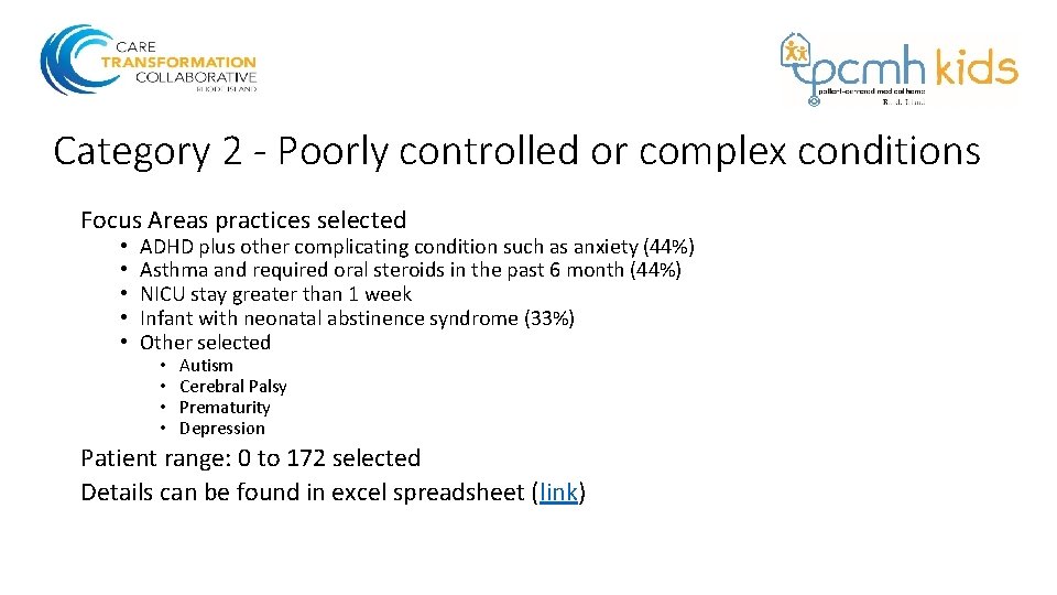 Category 2 - Poorly controlled or complex conditions Focus Areas practices selected • •