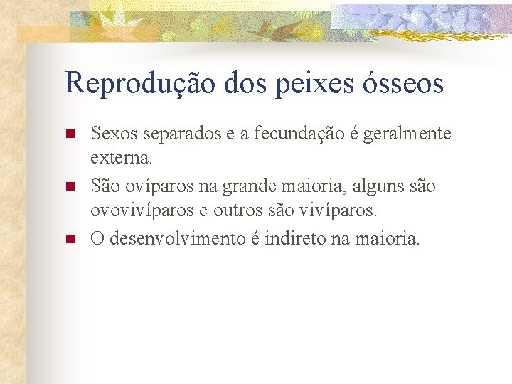 Reprodução dos peixes ósseos n n n Sexos separados e a fecundação é geralmente