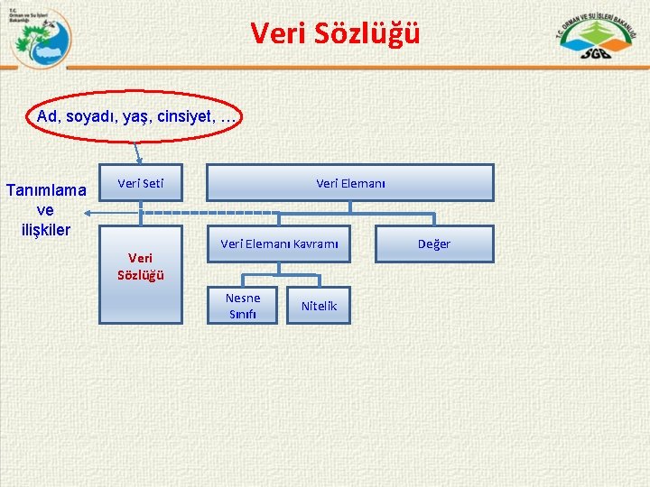 Veri Sözlüğü Ad, soyadı, yaş, cinsiyet, … Tanımlama ve ilişkiler Veri Elemanı Veri Seti