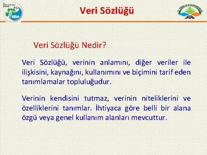 Veri Sözlüğü Nedir? Veri Sözlüğü, verinin anlamını, diğer veriler ile ilişkisini, kaynağını, kullanımını ve