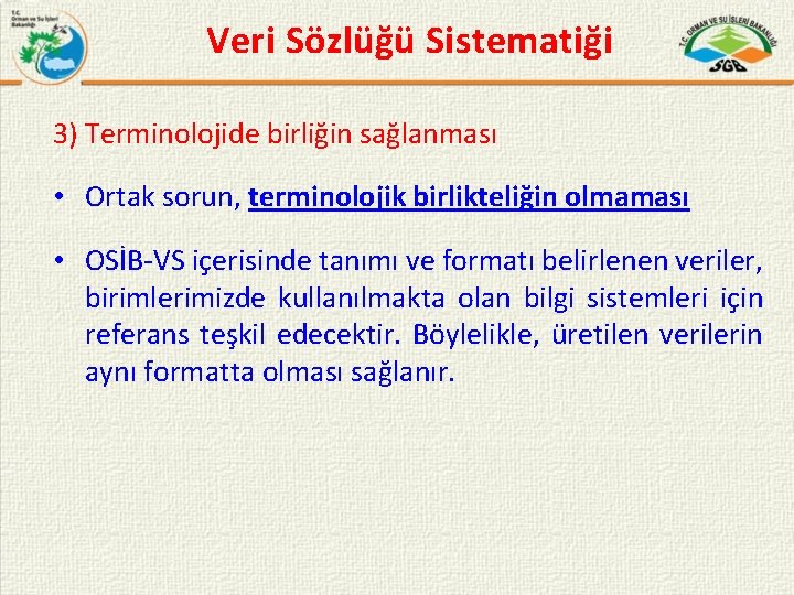 Veri Sözlüğü Sistematiği 3) Terminolojide birliğin sağlanması • Ortak sorun, terminolojik birlikteliğin olmaması •