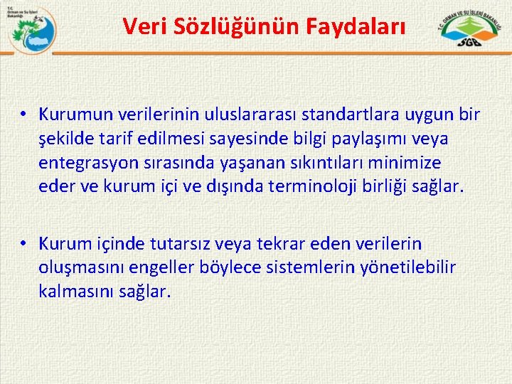 Veri Sözlüğünün Faydaları • Kurumun verilerinin uluslararası standartlara uygun bir şekilde tarif edilmesi sayesinde