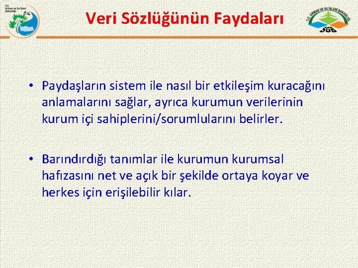 Veri Sözlüğünün Faydaları • Paydaşların sistem ile nasıl bir etkileşim kuracağını anlamalarını sağlar, ayrıca