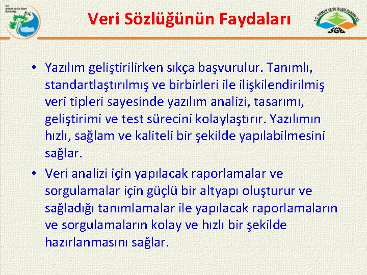 Veri Sözlüğünün Faydaları • Yazılım geliştirilirken sıkça başvurulur. Tanımlı, standartlaştırılmış ve birbirleri ile ilişkilendirilmiş