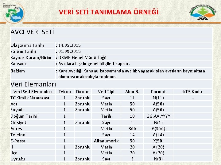 VERİ SETİ TANIMLAMA ÖRNEĞİ AVCI VERİ SETİ Oluşturma Tarihi Sürüm Tarihi Kaynak Kurum/Birim Kapsam