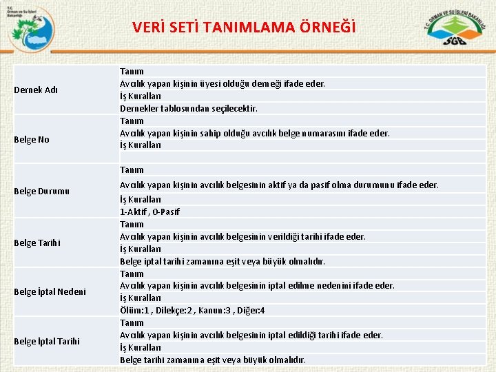 VERİ SETİ TANIMLAMA ÖRNEĞİ Dernek Adı Belge No Belge Durumu Belge Tarihi Belge İptal