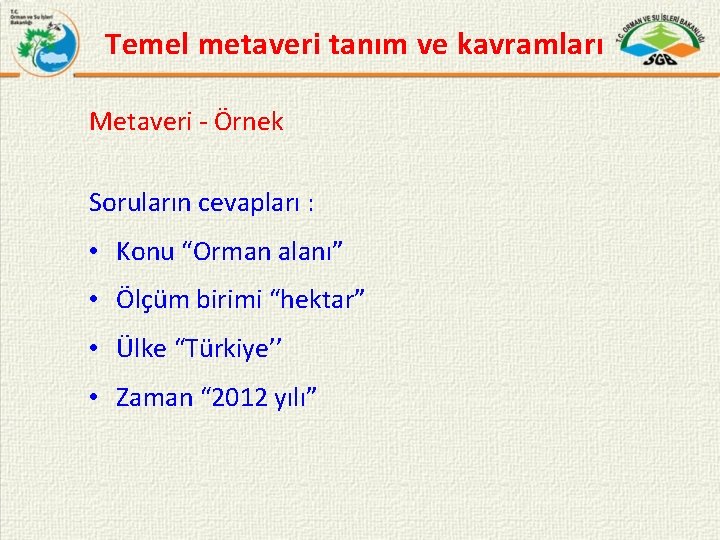Temel metaveri tanım ve kavramları Metaveri - Örnek Soruların cevapları : • Konu “Orman