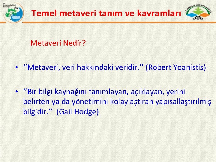 Temel metaveri tanım ve kavramları Metaveri Nedir? • ‘’Metaveri, veri hakkındaki veridir. ’’ (Robert