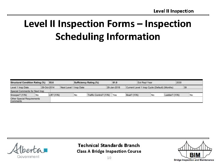 Level II Inspection Forms – Inspection Scheduling Information Technical Standards Branch Class A Bridge