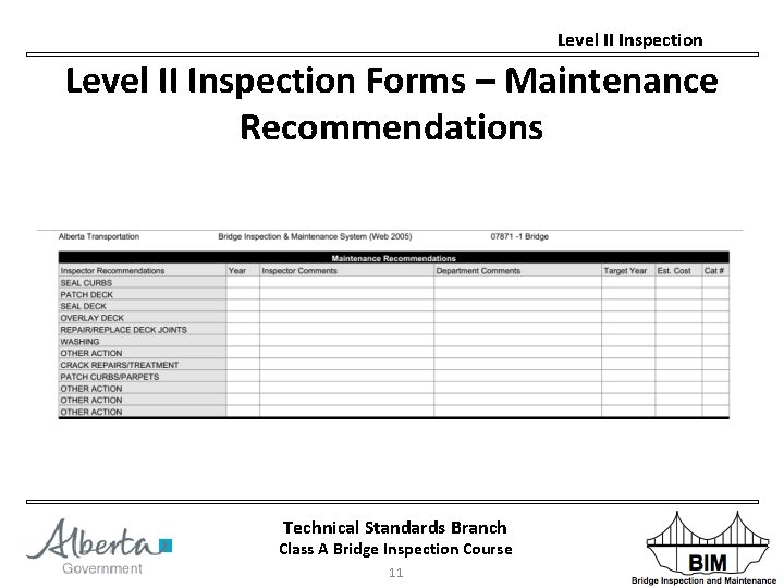 Level II Inspection Forms – Maintenance Recommendations Technical Standards Branch Class A Bridge Inspection