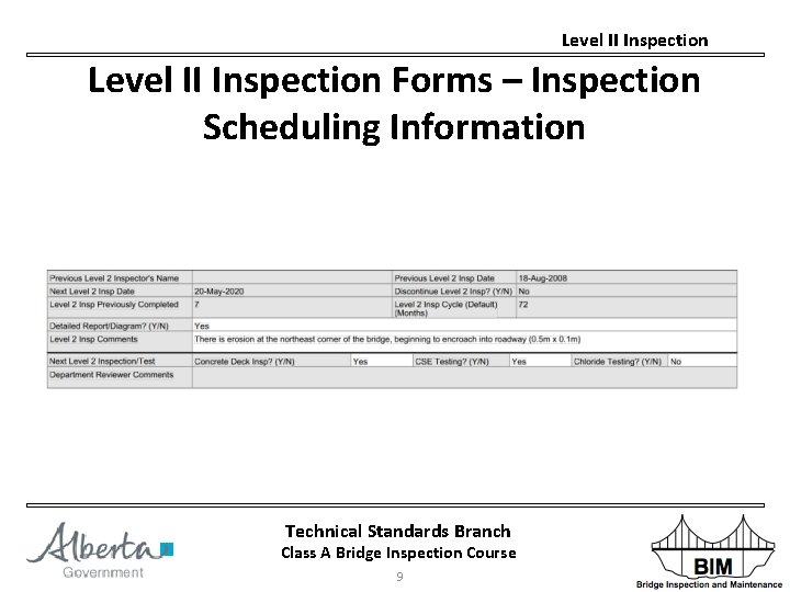 Level II Inspection Forms – Inspection Scheduling Information Technical Standards Branch Class A Bridge
