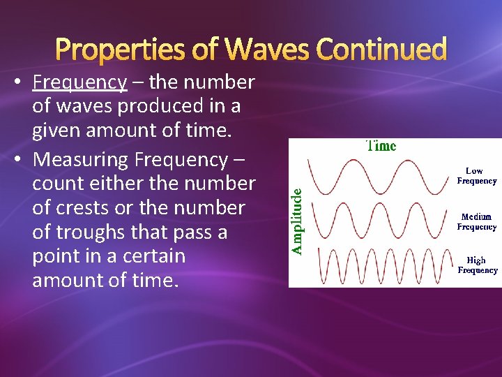 Properties of Waves Continued • Frequency – the number of waves produced in a